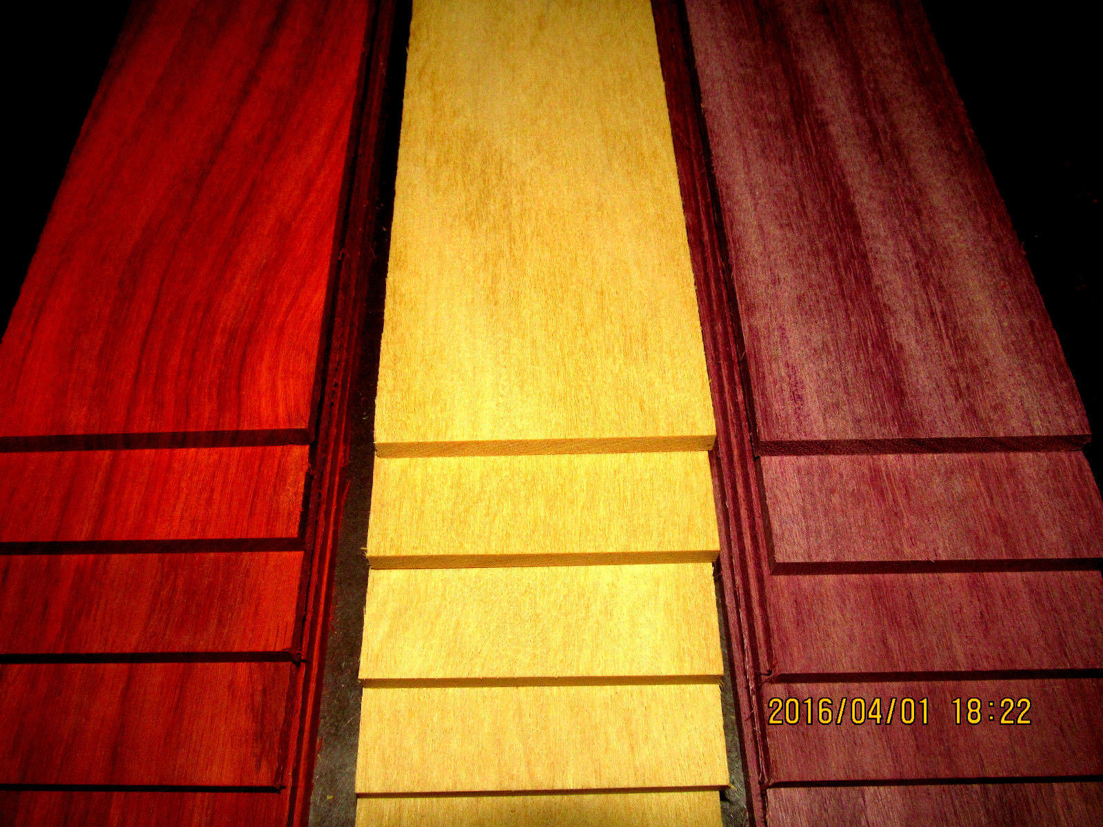 BULK: 45 PIECES THIN EXOTIC YELLOWHEART, PURPLEHEART, PADAUK  12
