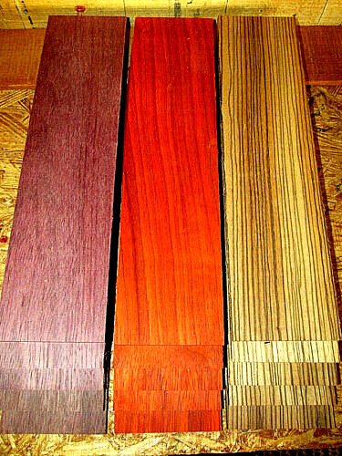 15 PIECES KD SANDED THIN PURPLEHEART, PADAUK, ZEBRAWOOD 12